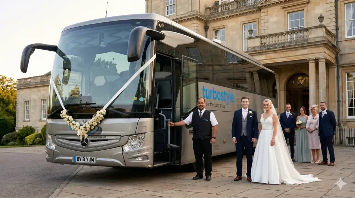 A wide-angle landscape shot of the silver Turbostyle coach with wedding decorations, parked in front of a grand Georgian-style estate with the wedding party posing alongside the driver.