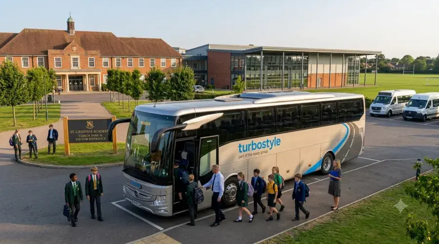 A high-angle, panoramic-style photograph showing a long driveway leading to a modern school building with several buildings. A grey and blue Turbostyle coach is parked on the right, with a group of uniformed students lined up on the path to the left. Small vans are parked behind the coach.