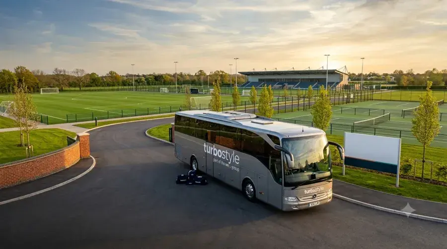 A wide landscape view of a modern sports training complex at sunset. A sleek, silver "turbostyle" team coach is parked on a curved asphalt driveway next to a blank signpost. Blue sports gear bags sit on the ground beside the bus. The background features sprawling green soccer pitches, fenced tennis courts, and a modern stadium grandstand under a warm, golden sky.