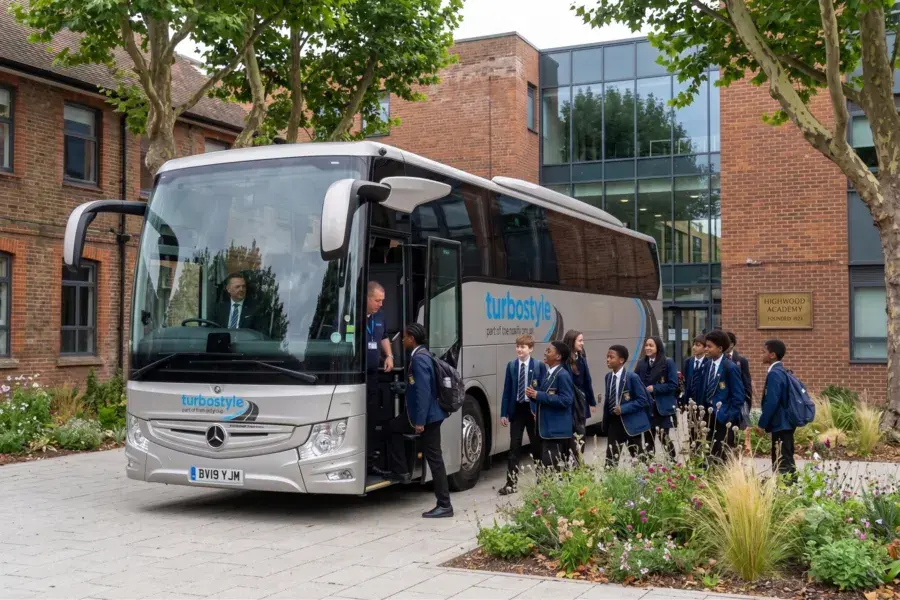 Silver Turbostyle executive coach parked outside a modern brick school building as students in navy blue uniforms line up to board near flower beds.