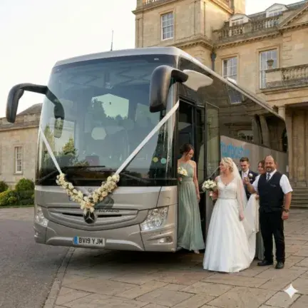 A silver Turbostyle wedding coach decorated with white floral garlands and ribbons, parked at a grand stone manor house with a bride and groom standing by the entrance.