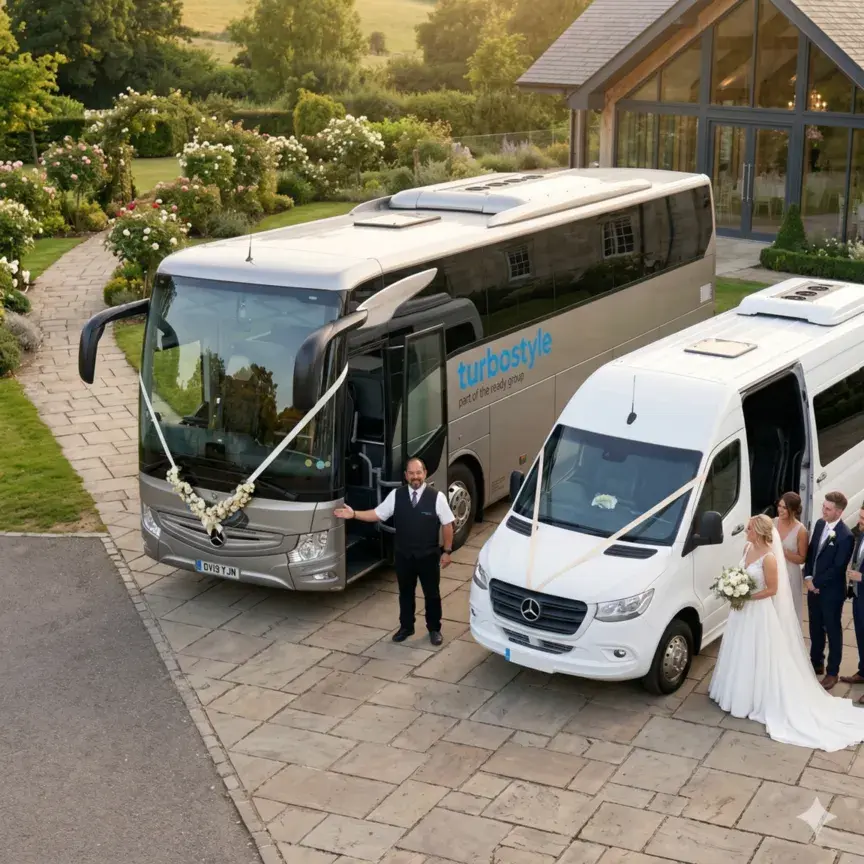 An elevated view of the Turbostyle fleet, including a large silver coach and a white luxury minibus, parked in the courtyard of a stately wedding venue with a bridal party nearby.