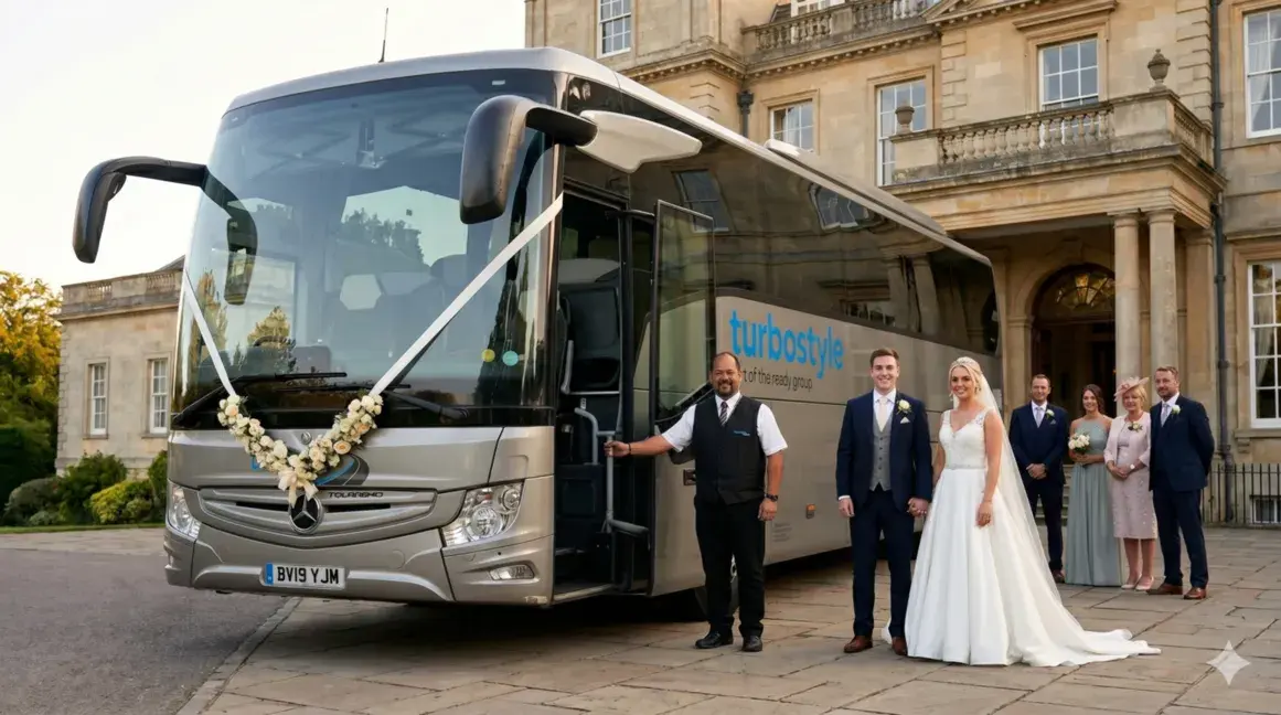 A wide-angle landscape shot of the silver Turbostyle coach with wedding decorations, parked in front of a grand Georgian-style estate with the wedding party posing alongside the driver.