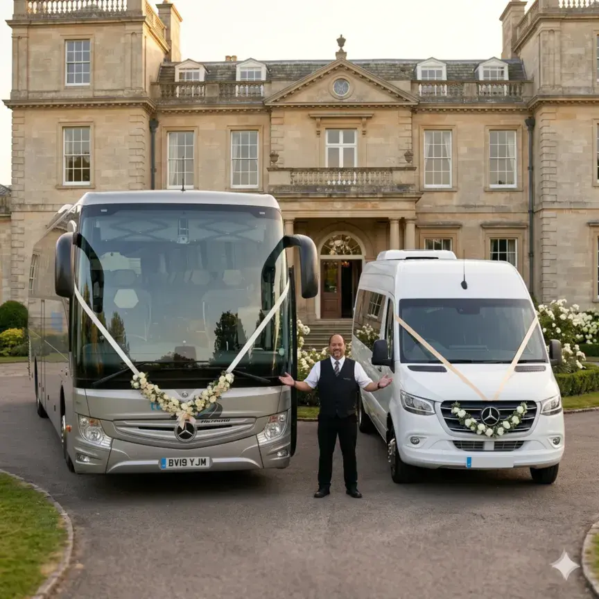 A symmetrical frontal view of the Turbostyle wedding fleet; a silver coach and a white minibus, both adorned with floral wreaths, with a uniformed driver standing between them in front of a manor house.