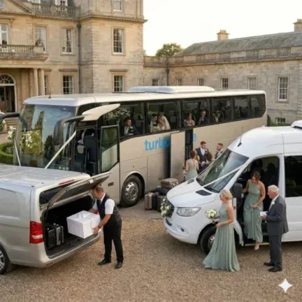 A candid, realistic scene of the Turbostyle wedding service, showing the driver loading white wedding gift boxes into the luggage hold while guests board a silver coach and white minibus.