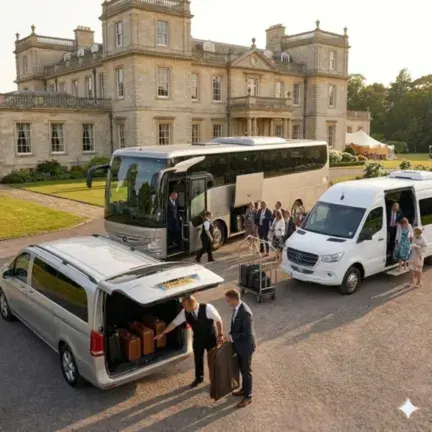 An operational view of the Turbostyle fleet at a prestigious venue during sunset, with the driver assisting guests with luggage from a silver shuttle van while others disembark from the main coach.