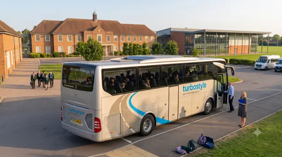 A high-angle, tighter view focused on a large Turbostyle coach and a line of school students with luggage waiting to board on a paved driveway in front of a modern school building. Other smaller coaches are in the background.