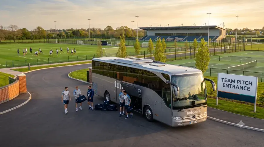 High-angle landscape shot of the silver "turbostyle" coach parked at a sports complex during sunset. Several athletes in blue and grey training kits carry gear near the bus. On the right, a signpost reads "TEAM PITCH ENTRANCE." In the background, other players can be seen practicing on the green soccer fields adjacent to tennis courts and the main stadium building.