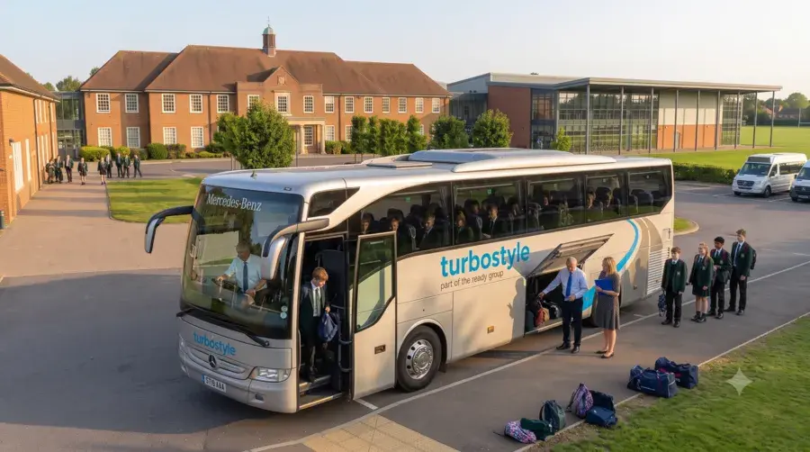 A high-angle photo from a slightly different perspective, looking towards the school building and the side of a Turbostyle coach, with a larger group of uniformed students and suitcases gathered near it on a paved path.