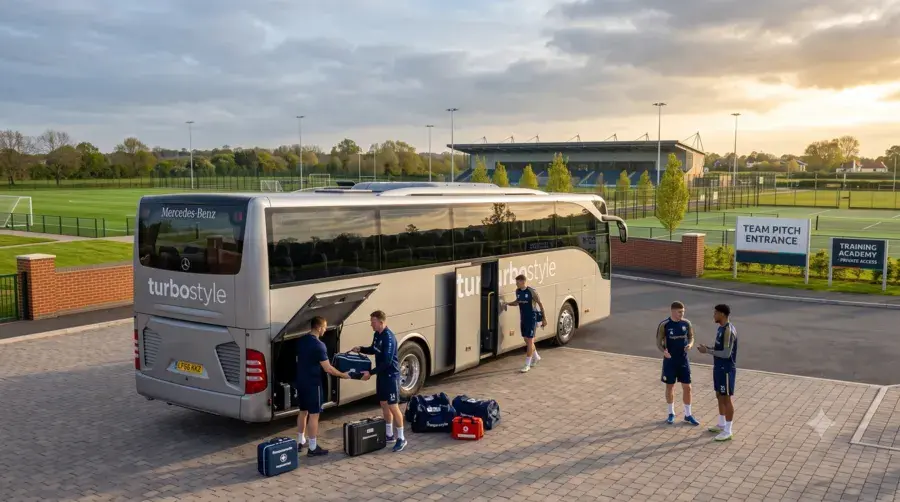 A side-rear view of the silver "turbostyle" coach parked on a paved brick courtyard. Two players in navy blue training uniforms are unloading sports gear and equipment cases from the open under-bus luggage compartment, while another group of players stands nearby chatting. The background features signs for "TEAM PITCH ENTRANCE" and "TRAINING ACADEMY" alongside tennis courts and soccer fields.