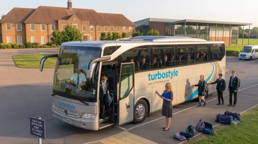 A higher-angle view focused on students and suitcases near the rear-side of a Turbostyle coach with luggage compartments open. A long queue of students in blazers is forming to board.