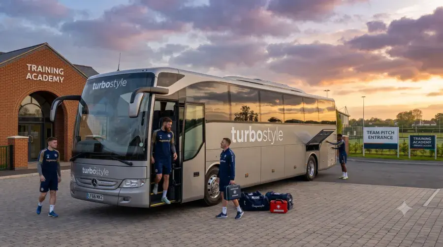 A close-up, front three-quarter view of the silver "turbostyle" coach parked in front of a brick building labeled "TRAINING ACADEMY." Players in dark blue team kits are shown stepping off the bus and retrieving luggage from the open side compartment, set against a dramatic, colorful sunset sky.