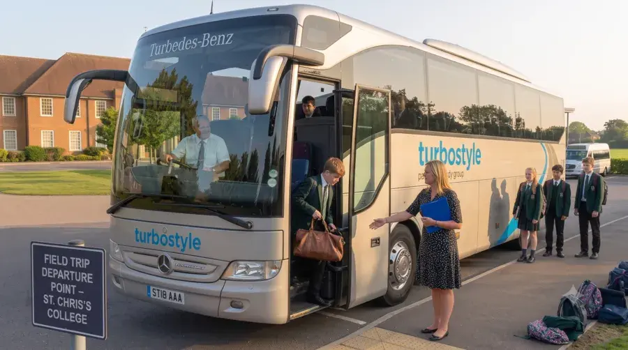 A close-up photograph showing the open front door of a grey and blue Turbostyle coach. A female teacher in a patterned dress greets a queue of students holding suitcases. A boy in a blazer disembarks. An older Turbostyle bus is in the background.
