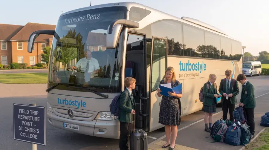 A close-up view of the front door of a Turbostyle coach with the male driver helping a line of students with bags. A female teacher with a clipboard stands nearby checking names off a list.