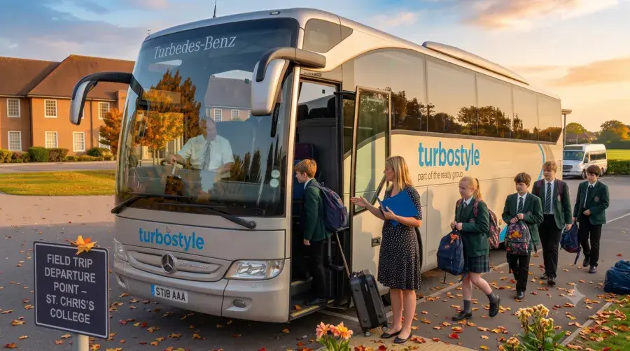 A detailed shot of the coach's front entrance, with a female teacher checking a list and welcoming students. A boy in a blazer disembarks carrying a bag, while others wait with suitcases. Another coach is in the background.