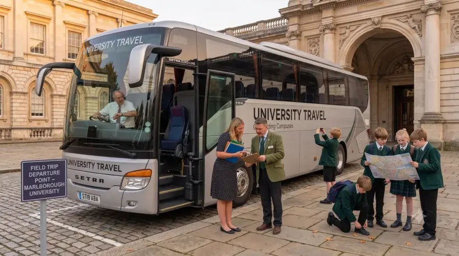 A close-up view showing a teacher in a patterned dress and a group of students standing next to the open front door of a large Turbostyle coach with 'field trip departure point' sign in the foreground, outside a modern school building with other coaches nearby.