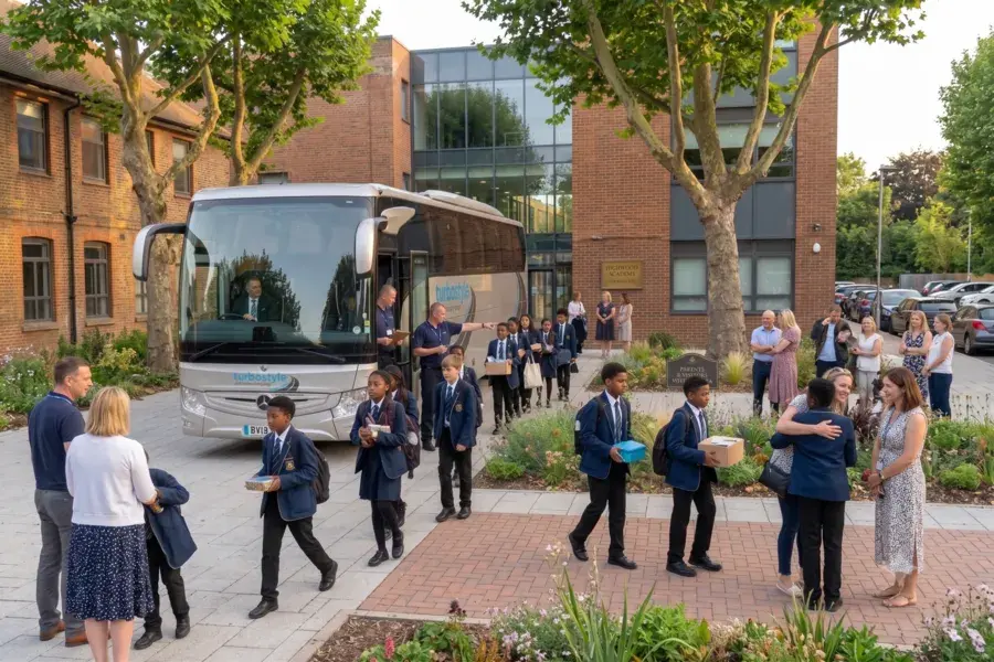 Wide shot of a school courtyard where students walk past parents and staff toward a parked silver Turbostyle coach.
