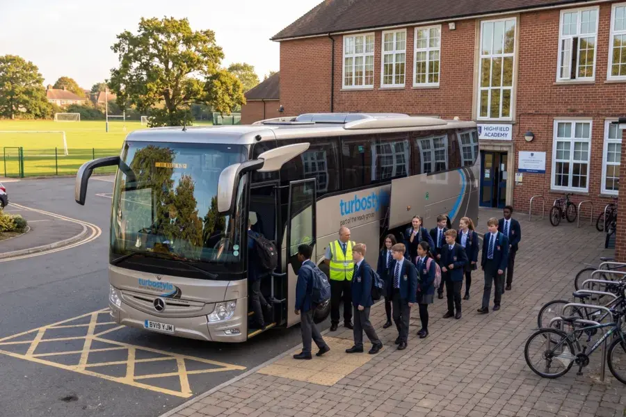 Elevated view of a silver Turbostyle coach parked on a school driveway with yellow road markings as students queue to board.