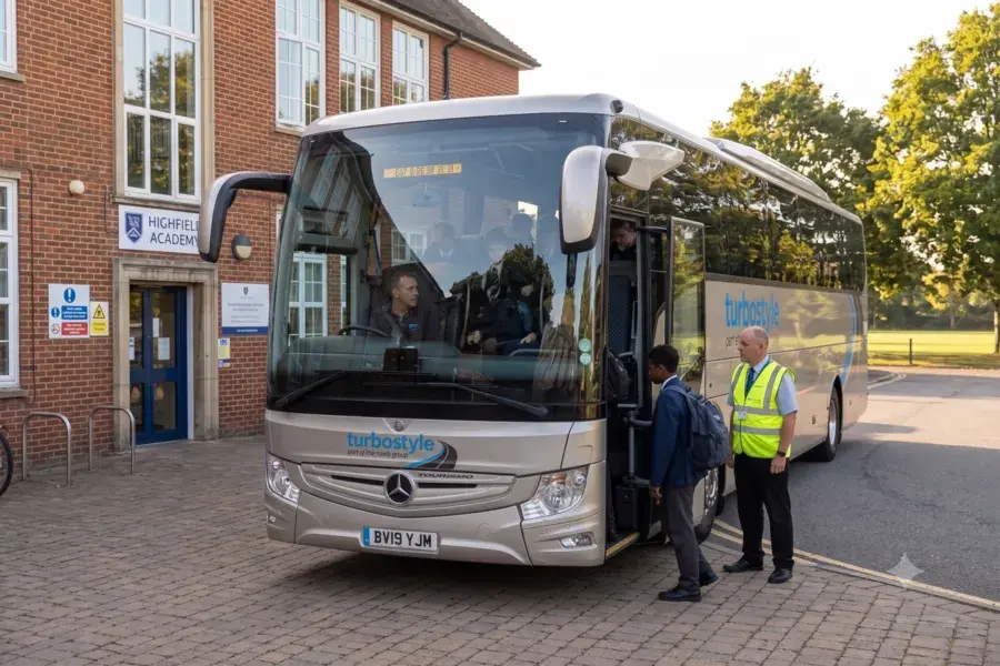 Front view of a silver Turbostyle coach parked at the Highfield Academy entrance, with a staff member in a high-visibility vest standing by the door as students board.