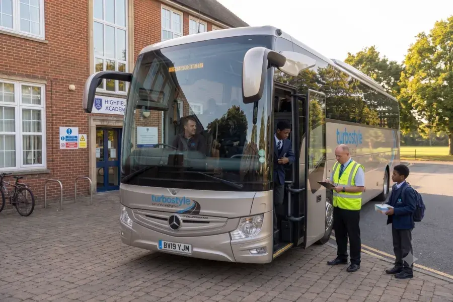 Front-angle view of a silver Turbostyle coach outside Highfield Academy, with a driver behind the wheel and a safety supervisor checking a clipboard while students enter.
