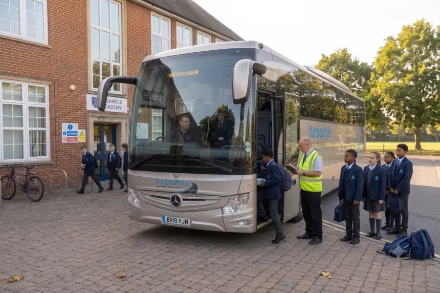 Silver Turbostyle coach outside Highfield Academy with a line of uniformed students waiting to board while a staff member supervises.