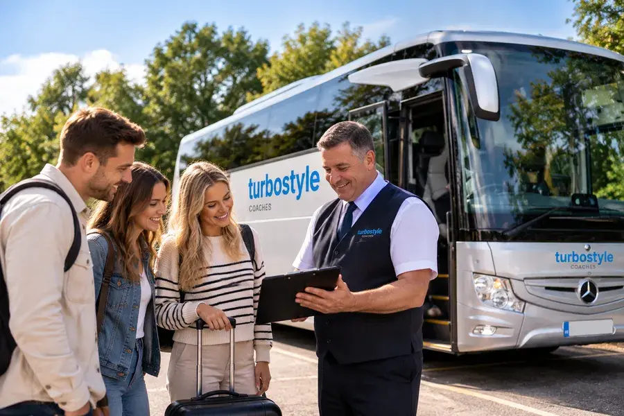 Turbostyle Coaches driver discussing travel arrangements with passengers beside a private hire coach.