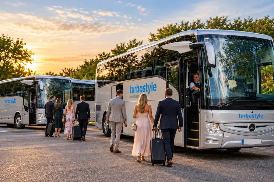 Turbostyle Coaches vehicles providing private group transport for passengers travelling to an event.