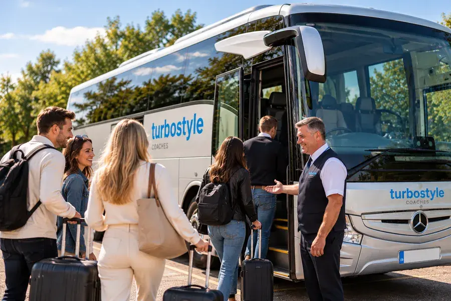 Group of passengers boarding a Turbostyle coach for a weekend trip, with a friendly driver assisting.