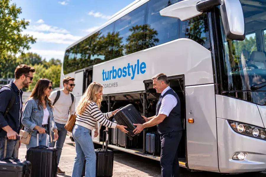 Turbostyle Coaches driver helping passengers load luggage onto a private hire coach for group travel in Crawley and Sussex.