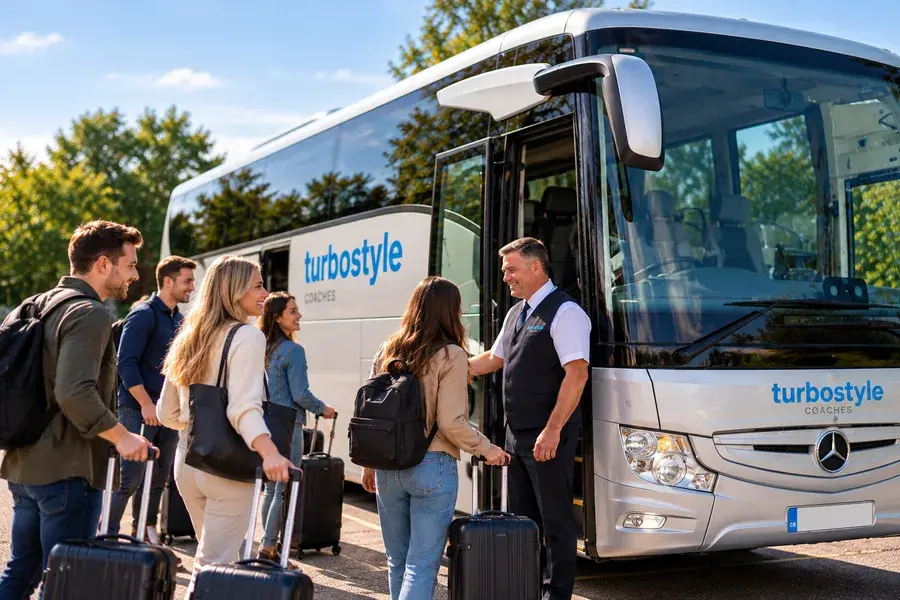 Passengers with luggage boarding a Turbostyle Coaches private hire coach with a professional driver in Crawley.